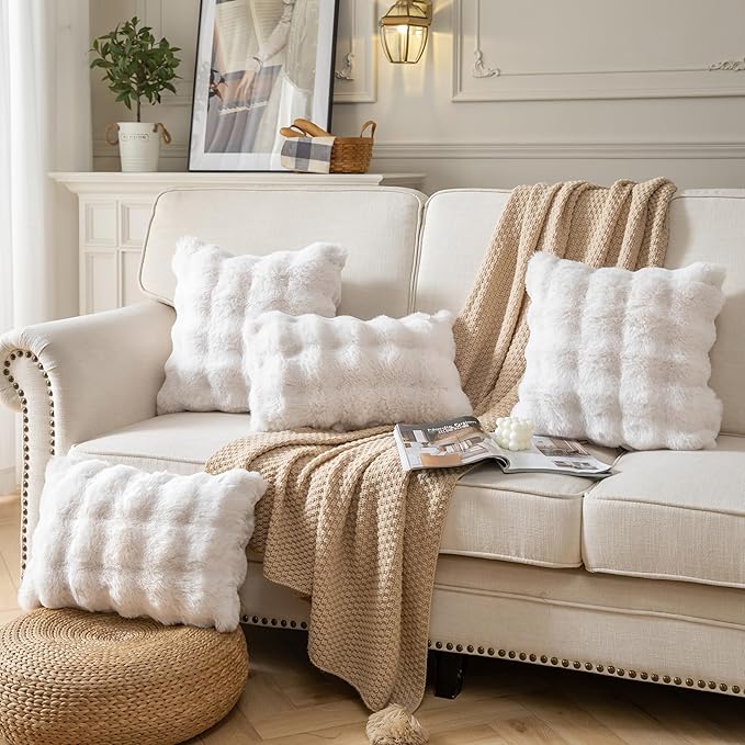 Pack of 2 Thick Plush Throw Pillow Covers Fluffy Wave Faux Fur Decorative Cushion Covers Soft Wool Pillowcase for Sofa Couch Livingroom 18x18 Inch White
