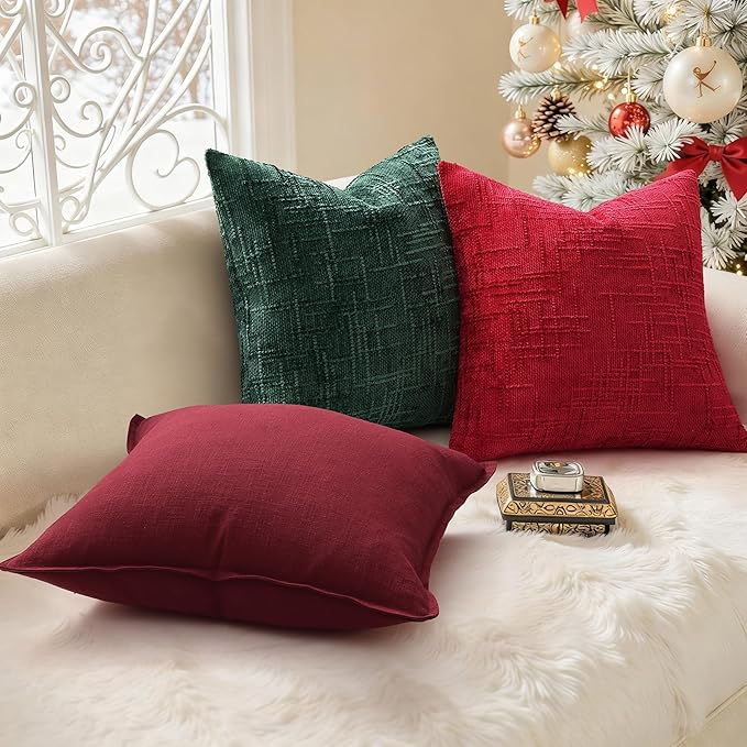 decorUhome Christmas Green Chenille Throw Pillow Covers 26x26 Set of 2 Thick Textured Slubby Couch Pillow Covers Farmhouse Accent Modern Neutral Decorative Pillow Cases for Bed Sofa Living Room