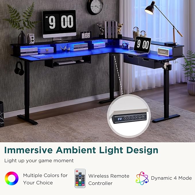 RedLemon 75X60 Inches L Shaped Electric Standing Desk, Height Adjustable Corner Gaming Desk with Drawers, Power Outlets & LED Lights, Computer Desk with Monitor Shelf, Carbon Fiber Black