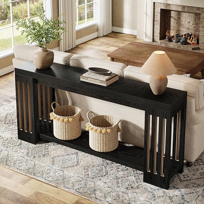 Tribesigns 2-Tier Extra Long Entryway Table, 70.9-Inch Farmhouse Console Table with Vertical Stripe Legs and with Open Shelves for Living Room, Hallway, Black
