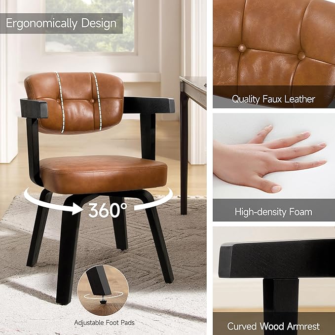 Art Leon Modern Dining Chairs - Set of 2 Mid Century Dining Chairs Faux Leather Upholstered Swivel Dining Chair, Comfy Desk Chair No Wheels Accent Arm Chairs for Kitchen Living Room Study, Brown