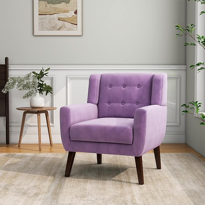 Accent Chair, Mid-Century Modern Velvet Fabric Chairs with Arms for Living Room, Comfy Upholstered Club Single Sofa Armchair for Bedroom Waiting Room with Solid Wood Frame (Velvet Purple, Set of 2)