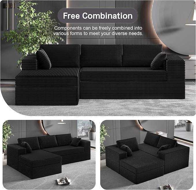 108-inch Boneless Couch for Living Room，Comfy Boneless Sofa with Deep Seats & Chaise Lounge, 3-Seat Modular Sofa Memory Foam Sectional Couches - No Assembly Required(Dark Black)