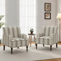 Accent Chair, Mid Century Modern Comfy Armchair for Living Room, Linen Fabric Single Sofa Lounge for Reading Bedroom Apartment Waiting Room with Wood Legs (Brown Stripe, Set of 2)