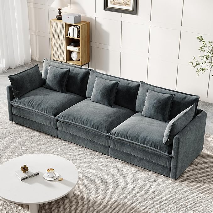 Modular Sectional Sofa, 111.5 Inch I-Shaped Cloud Sofa with Deep Seat Chenille Sofa with Cushions, Three-Self Sectional Sofa for Living Room Apartment,Gray