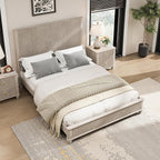 Queen Size Solid Wood Platform Bed Frame, Solid Wood Bed with 63.58" Headboard, Solid Wood Leg/No Box Spring Needed/Noise Free/Beige