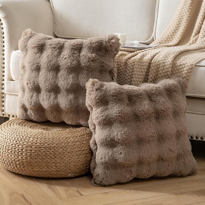 Pack of 2 Thick Plush Throw Pillow Covers Fluffy Wave Faux Fur Decorative Cushion Covers Soft Wool Pillowcase for Sofa Couch Livingroom 16x16 Inch Taupe