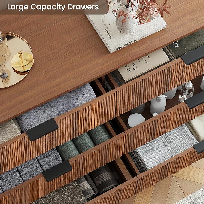 Fluted Dresser for Bedroom,49.6'' Modern Wooden Walnut Dresser with 6 Drawers, Bedroom Dressers, Natural Wood Chest of Drawers for Living Room, Hallway (Walnut)