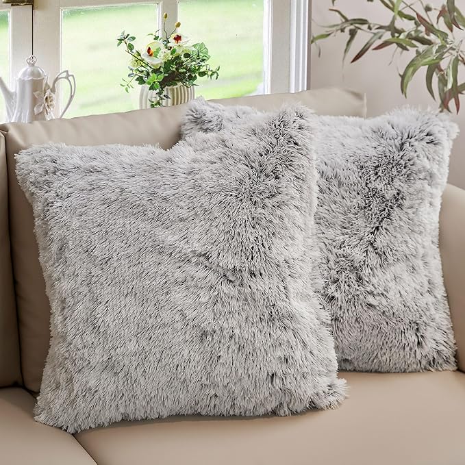 Cheer Collection Throw Pillows for Couch and Bed, Soft Shaggy Throw Pillows with Inserts Included, Cozy Long Hair Faux Fur Pillows - Set of 2-20" x 20" - Gray