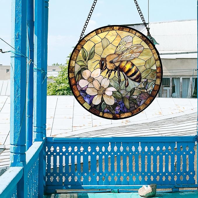 Stained Glass Window Hanging, Vintage Bee Yellow Flower Sun Catcher for Window Door Home Decor Suncatcher Christmas Mother's Day Birthday Gifts for Women Men Mom and Nana 11.8 in