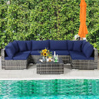 Tangkula 7 Pieces Patio Rattan Furniture Set, Patiojoy Outdoor Conversation Set with Cushions and Tempered Glass Coffee Table, All-Weather Sectional Sofa Set for Garden, Lawn, Backyard (Navy Blue)