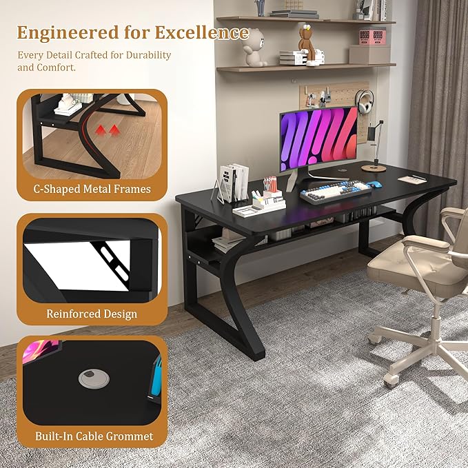 StarGraph Computer Desk 55'' Large Home Office Desk with Sturdy Metal Frame U Shaped Modern Computer Desks with Storage Study Writing Office Work from Home Desks (Black, 55 inch)