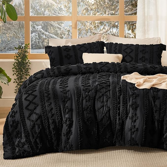 Bedsure Tufted Boho Comforter Set Twin Size - Black Boho Bed Set, GentleSoft™ 2 Pieces Farmhouse Shabby Chic Embroidery Bedding, Gifts for Woman, Soft Jacquard Twin Comforter for All Seasons