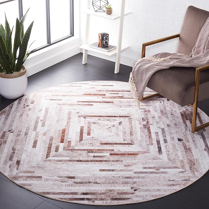 SAFAVIEH Washable Rug Faux Hide Collection - 4' Round, Beige & Brown, Slip Resistant, Western Rustic Decor, Printed Pattern, Ideal for Living Room, Bedroom, Home Office, Dining Space (FAH526A)