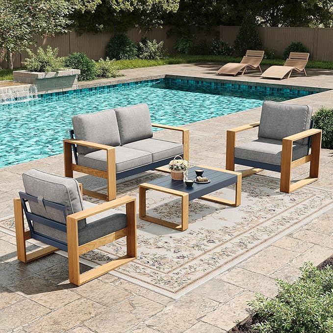 LayinSun 4 Pieces Aluminum Patio Furniture Set with Coffee Table, Oversized Seat with Hight Back, Outdoor Conversation Sets for Porch, Balcony, Deck