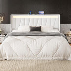 SHA CERLIN King Size Bed Frame with Charging Station and LED Lights, Modern Velvet Platform Bed with Upholstered Geometric Wingback Headboard, No Box Spring Needed, Easy Assembly, White
