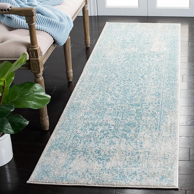 SAFAVIEH Evoke Collection Runner Rug - 2'2" x 7', Ivory & Aqua, Distressed Design, Non-Shedding & Easy to Clean, Ideal for Foyer, Bedroom, Kitchen, Hallway (EVK256J)