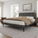 Queen Size Bed Frame with Fabric Upholstered Headboard, Platform Bed with Wooden Slats Support, Fully Mattress Foundation, Box Spring Optional, Easy Assembly