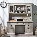 OKD Farmhouse Hutch for 60" Executive Desk, Office Desk Storage Cabinet with Glass Doors and Shelves, Top Hutch Organizer for Home Office - Light Rustic Oak