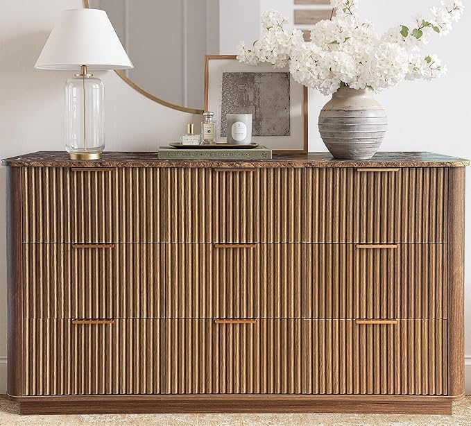 win2win 9 Drawer Dresser, Mid Century Modern Dresser with Storage, 55" Wide Fluted Chest of Drawers with Faux Marble Top, Dressers TV Stand, Drawers Organizer for Bedroom, Living Room, Hallway Walnut