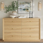 Mid Century Modern Dresser, 6 Drawer Dresser with Storage, 47" Wide Chest of Drawers with Wood Grain Texture, Drawers Organizer for Bedroom, Living Room, Hallway, Gold Oak