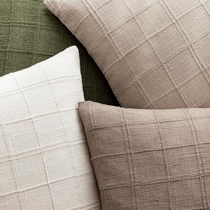 Foindtower Set of 2 Decorative Linen Check Throw Pillow Covers Neutral Farmhouse Vintage Cushion Covers Modern Boho Home Decor for Sofa Chair Couch Bedroom Living Room,20×20 Inch,Tan Taupe