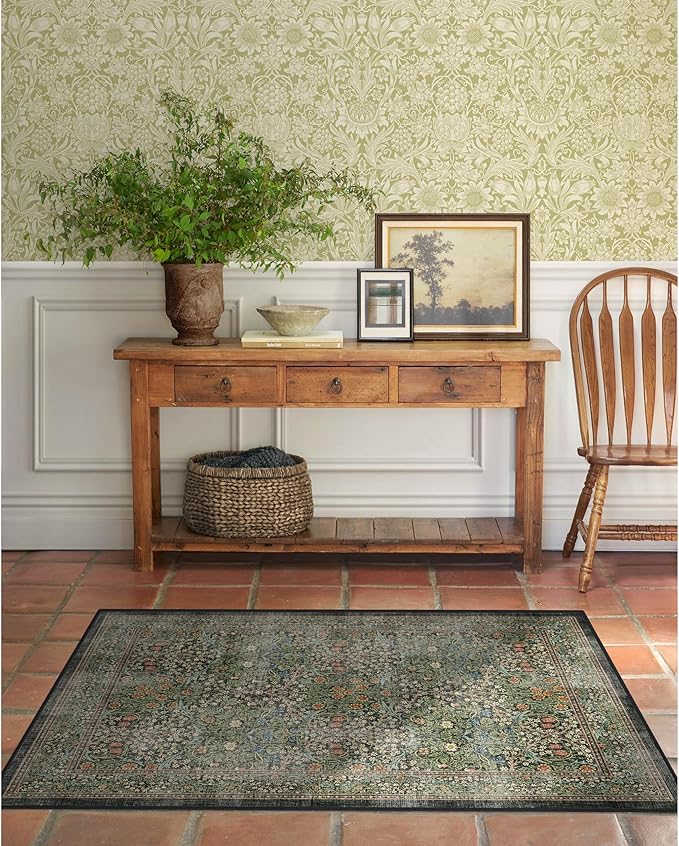 RUGGABLE x Morris & Co Washable Area Rug – Blackthorn Forest Green 3x5, Stain-Resistant, Non-Slip – Small Machine Washable Rugs for Living Room, Bedroom, Hallway, Entryway & Office–with Standard Pad