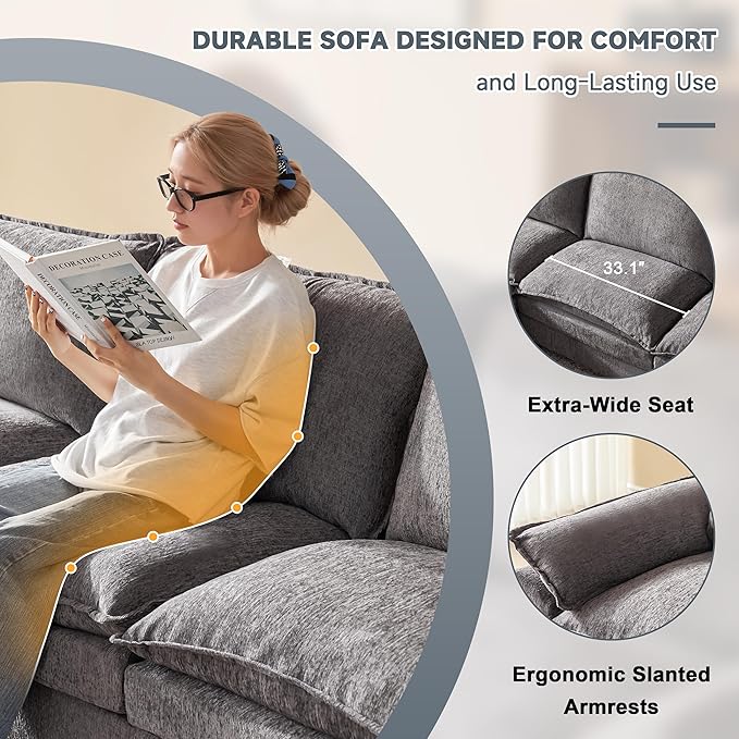 114 Inch Cloud Couch Sectionals with Ottoman, Big Comfy Modular Couches, Cloud Sofas, L Shaped 5 Seat Modular Sectional Sofa, Modern Sectional Couches for Living Room, Deep Seat Sofa, Grey