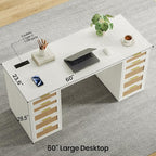 WOPITUES 60" Boho Home Office Desk with 10 Wooden Drawers, Rattan Computer Writing Desk with Power Outlets, Large Executive Desk with Storage Cabinet for Work Study Writing Craft, Wood-Grain White