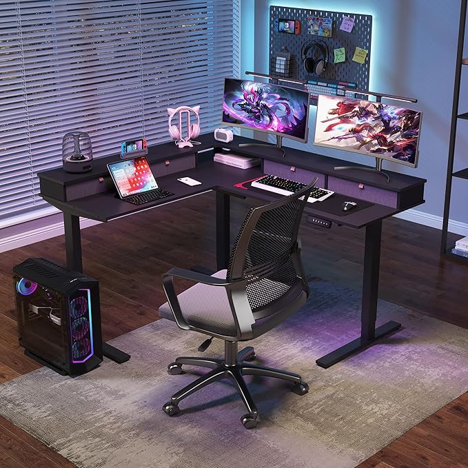 SANODESK 63" L Shaped Standing Desk with 3 Drawers, Height Adjustable Stand up Desk, Corner Gaming Desk with Monitor Stand, Black Frame/Black Top