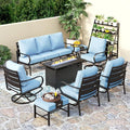 PHI VILLA 8 PCS Patio Furniture Set with Fire Pit Table,Metal Outdoor Furniture with 1 x 3-Seat Bench Sofa, 2 x Swivel Sofa Chairs, 2 x Leg Chair & 2 x Ottoman, Modern Patio Set, Light Blue