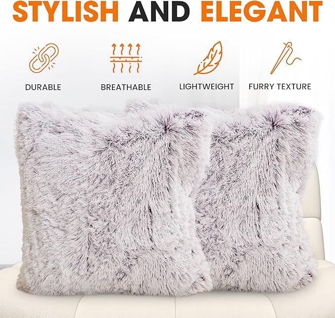 Cheer Collection Throw Pillows for Couch and Bed, Soft Shaggy Throw Pillows with Inserts Included, Cozy Long Hair Faux Fur Pillows - Set of 2-20" x 20" - Purple