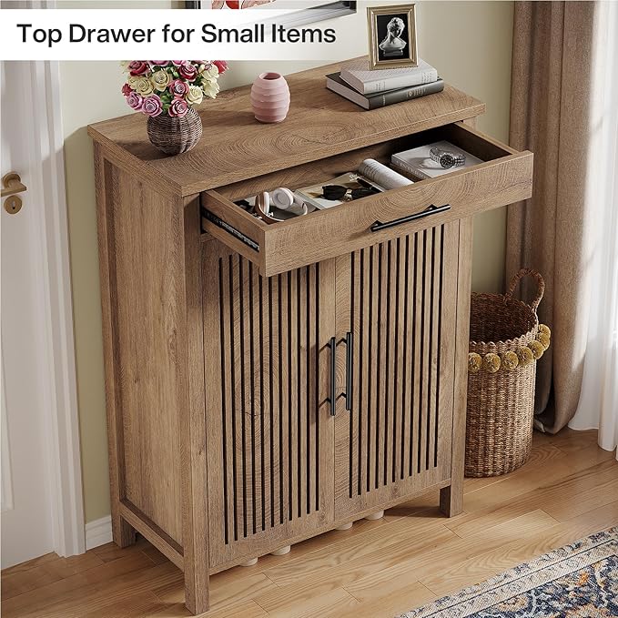 Tribesigns Shoe Cabinet, 5-Tier Shoe Storage Cabinet with Louvered Doors and Drawer, Freestanding Wooden Shoe Rack Organizer with Adjustable Shelves for Entryway, Hallway, Natural