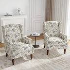 Floral Wingback Accent Chairs Set of 2, High Back Upholstered Armchair, Comfy Fabric Wingback Arms Chairs with Retro Solid Wood Legs, Single Sofa Reading Chair for Bedroom Living Room, Plants Beige