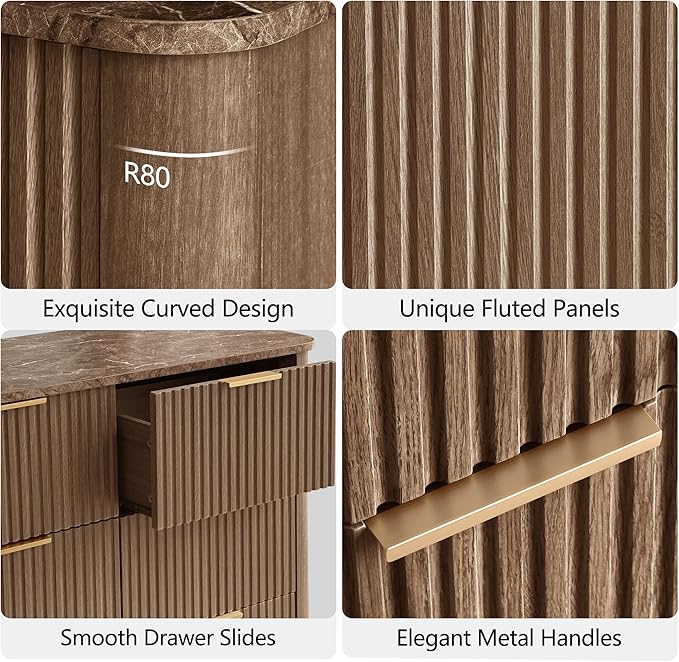 win2win 9 Drawer Dresser, Mid Century Modern Dresser with Storage, 55" Wide Fluted Chest of Drawers with Faux Marble Top, Dressers TV Stand, Drawers Organizer for Bedroom, Living Room, Hallway Walnut