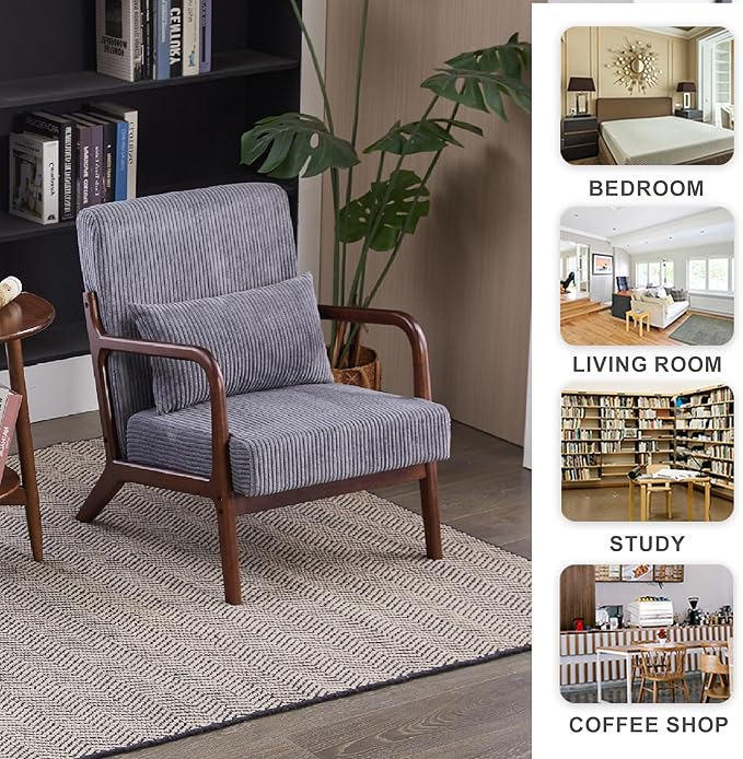Accent Chairs, Set of 2 Mid-Century Modern Chair with Pillow, Armchair with Solid Wood, Reading Relaxing Leisure Chair for Living Room（Dark Grey）