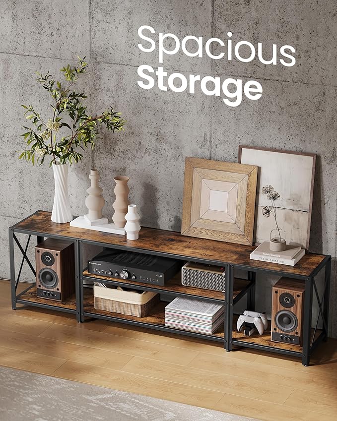 VASAGLE TV Stand With Power Outlets and LED Lights, for TVs up to 75 Inches, Entertainment Center With Open Storage Shelves, Console Table for Living Room, Rustic Brown and Ink Black ULTV122K01