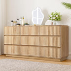 Fluted 9 Drawer Dresser for Bedroom, 60" Wide Modern Chest of Storage Drawers, Wood Dresser & Chest of Drawers with Curved Corners, Dressers TV Stand for Living Room (60" Natural 9 Drawer)