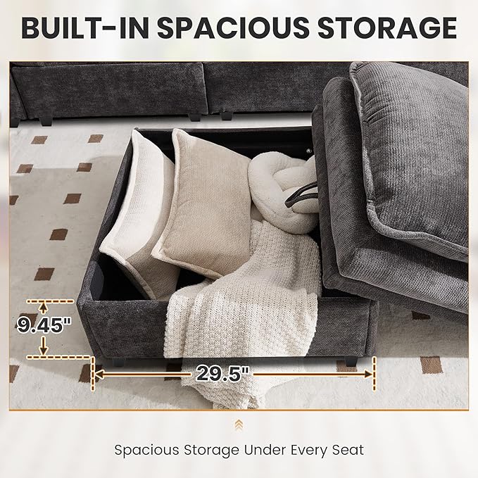 100" L Shaped Modular Sectional Sofa, Couch with Ottoman Storage, Chenille Cloud Couch with Plush Deep Seating for Living Room, Bedroom (Grey, 4 Seat)