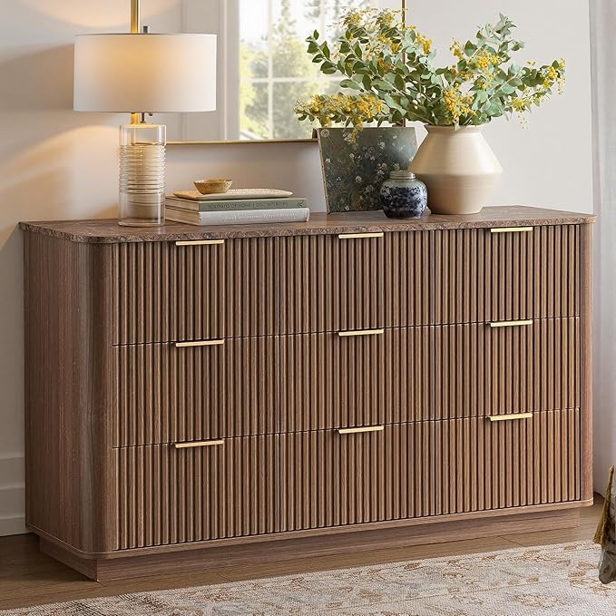 win2win 9 Drawer Dresser, Mid Century Modern Dresser with Storage, 55" Wide Fluted Chest of Drawers with Faux Marble Top, Dressers TV Stand, Drawers Organizer for Bedroom, Living Room, Hallway Walnut