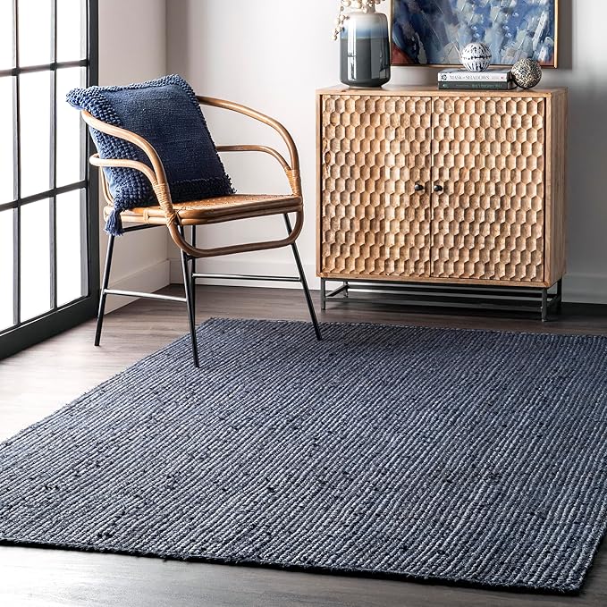 nuLOOM 8x10 Rigo Jute Hand Woven Area Rug, Navy, Solid Farmhouse Design, Natural Fiber, For Bedroom, Living Room, Dining Room, Hallway, Office, Kitchen, Entryway