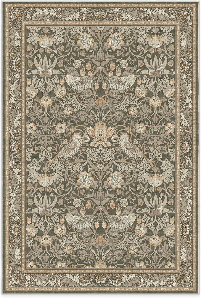 RUGGABLE x Morris & Co Machine Washable Area Rug – Strawberry Thief Stone Gold 6x9, Stain-Resistant, Non-Slip – Medium Rugs for Living Room, Bedroom, Hallway, Entryway & Office–with Cushioned Pad