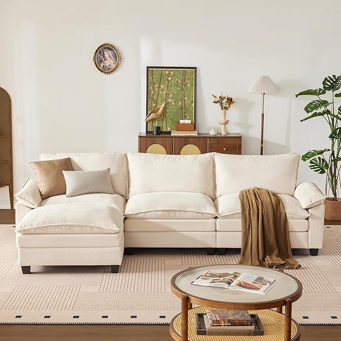 114 Inch Modular Couch Sectionals with Ottoman, Big Comfy Cloud Couches, L Shaped 4 Seat Modular Sectional Sofa, Modern Cloud Sectional Couches for Living Room, Deep Seat Sofa, Beige