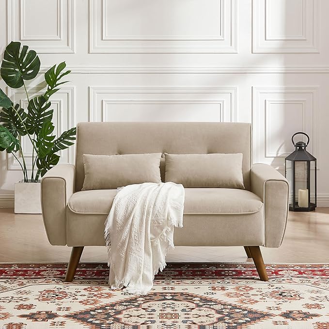 48" Small Loveseat Sofa, Mid Century Modern Love Seat with Back Cushions and Plastic Legs, 2 Seater Couches for Living Room, Bedroom, Small Spaces, Beige