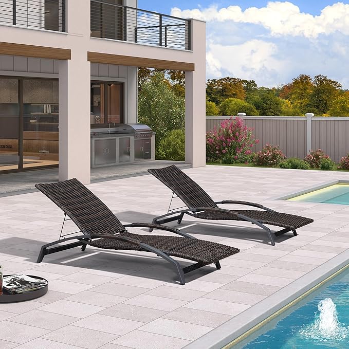 PURPLE LEAF Patio Chaise Lounge Chair Set of 2 Wicker Tanning Outdoor Pool Adjustable Recliner Chair for Outside Beach Poolside Sunbathing Lounger Dark Brown