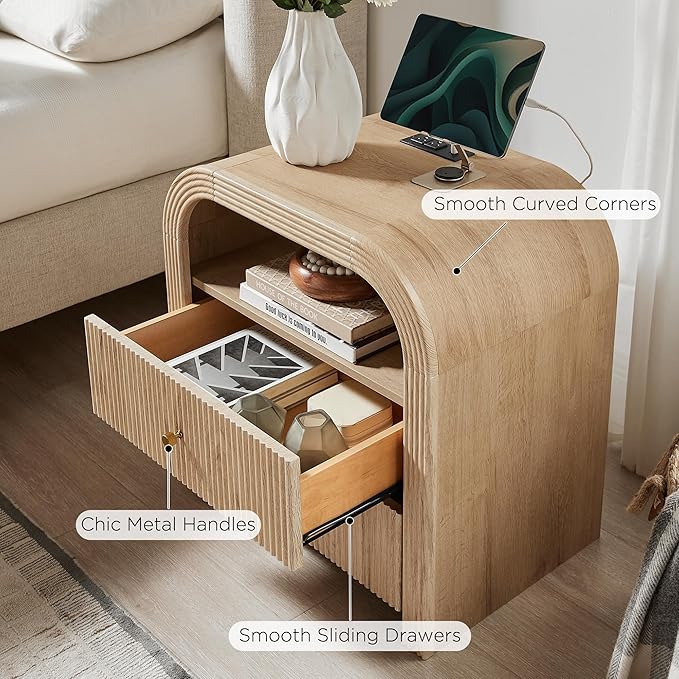 T4TREAM Fluted Nightstand with Charging Station, 24" Large 2 Drawers Bedside Table, Modern End Table with Storage Night Stand for Bedroom, Living Room, Round Curved Corner Design, Natural Oak