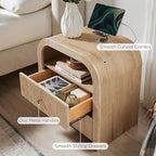 T4TREAM Fluted Nightstand with Charging Station, 24" Large 2 Drawers Bedside Table, Modern End Table with Storage Night Stand for Bedroom, Living Room, Round Curved Corner Design, Natural Oak