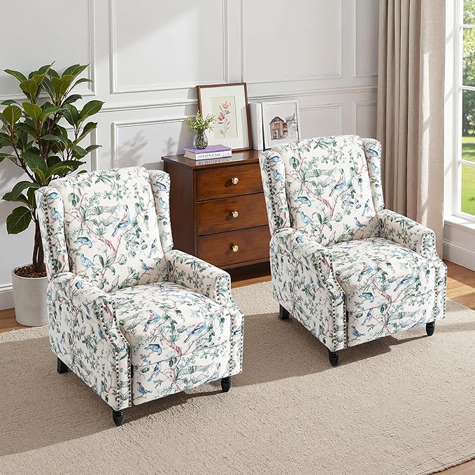 Wingback Recliner Chair, Floral Fabric Pushback Recliner Chair, Upholstered Armchair Push Back Recliner, Rivet Trim Single Sofa Accent Chair with Wood Legs for Living Room, Bird