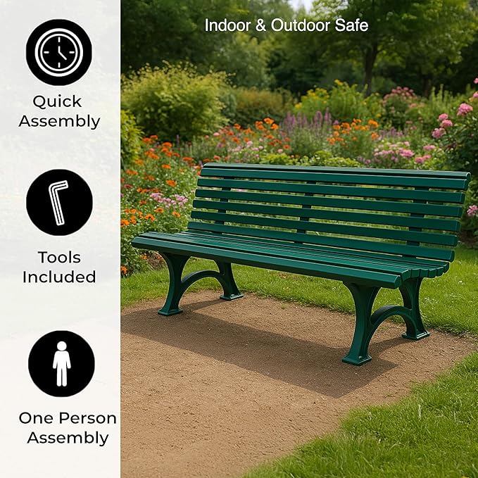 Plow & Hearth Weatherproof German PVC Outdoor Bench | 3-Seat | Holds Up to 500 lbs | Garden Patio Porch Park Deck | Steel and Resin (Green)