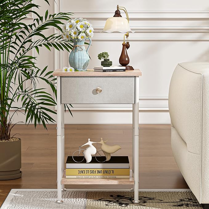 VECELO End Tables, Modern Nightstand with Fabric Drawer & Open Shelf, Night Stand for Bedroom Living Room, Industrial Metal Frame, Easy Assembly, Light Brown,2 Pack